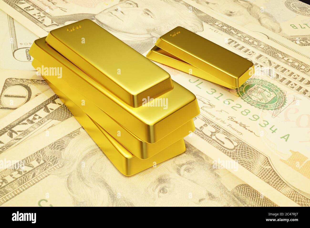 3D Gold bars sur fond de dollars - concept argent et finance. Banque D'Images