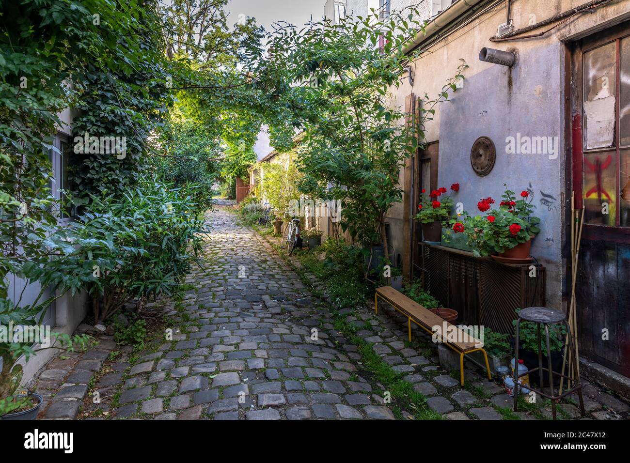 Paris, France - 24 juin 2020 : la rue Durmar avec sa végétation dans le 11ème arrondissement de Paris Banque D'Images