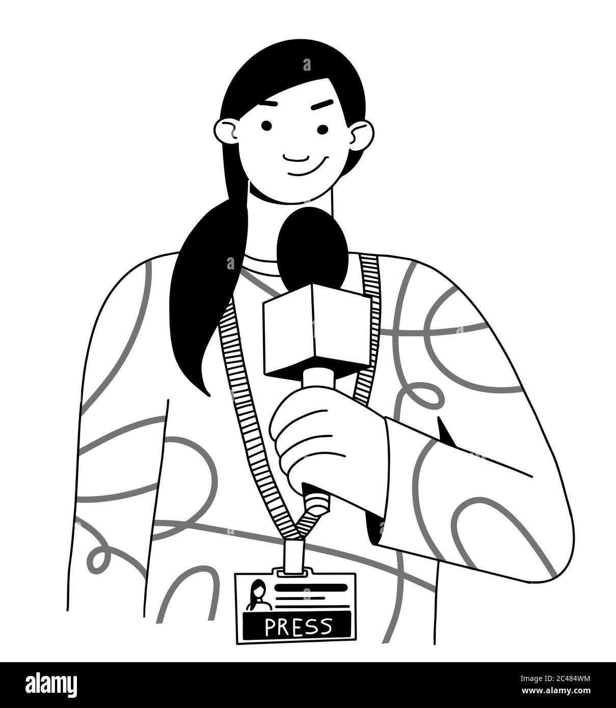 Une journaliste tient un microphone. Femme journaliste. Accréditation de presse. Style de dessin de ligne d'illustration vectorielle Illustration de Vecteur