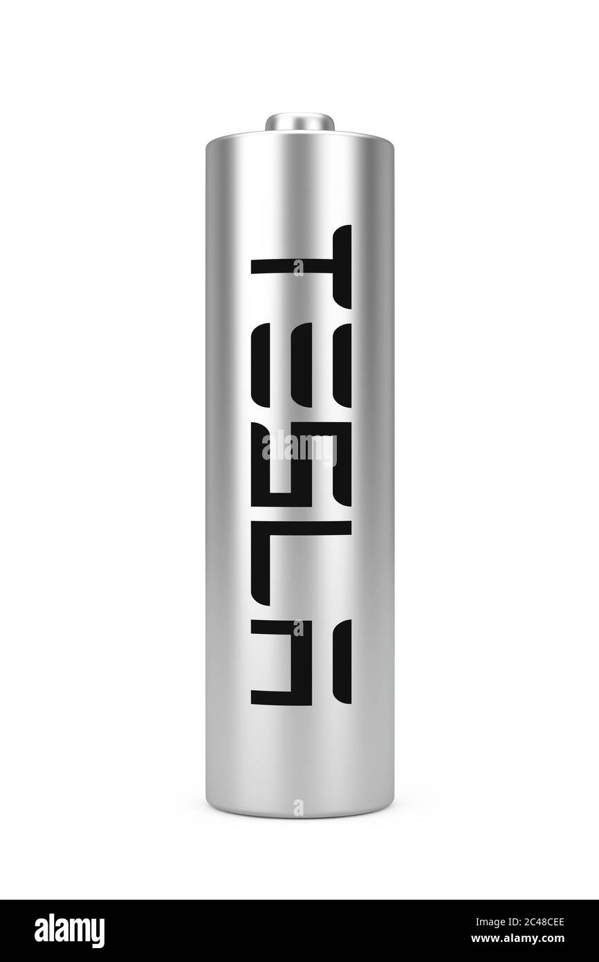 KIEV, UKRAINE - Mai, 17: Batterie cylindrique lithium-ion avec logo Tesla pour les cellules de voiture Tesla Pack accumulateur sur un fond blanc. Rendu 3d Banque D'Images