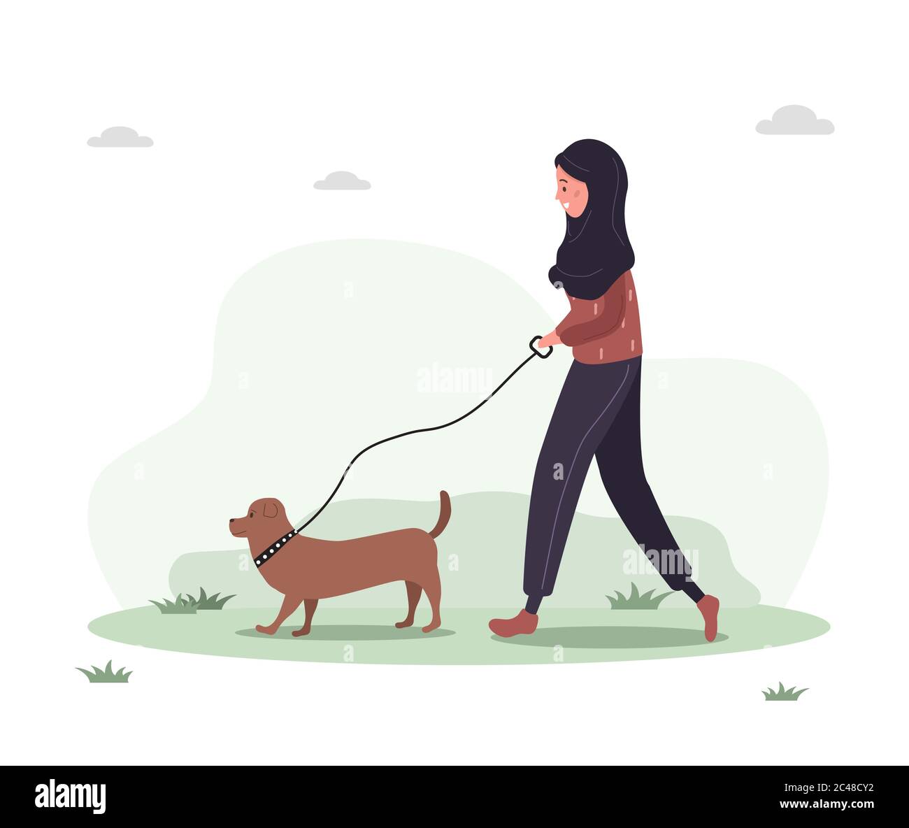 Une jeune femme arabe dans le hijab marche avec le chien à travers les bois. Concept bonne fille en robe jaune avec dachshund ou coolé. Illustration vectorielle à plat Illustration de Vecteur