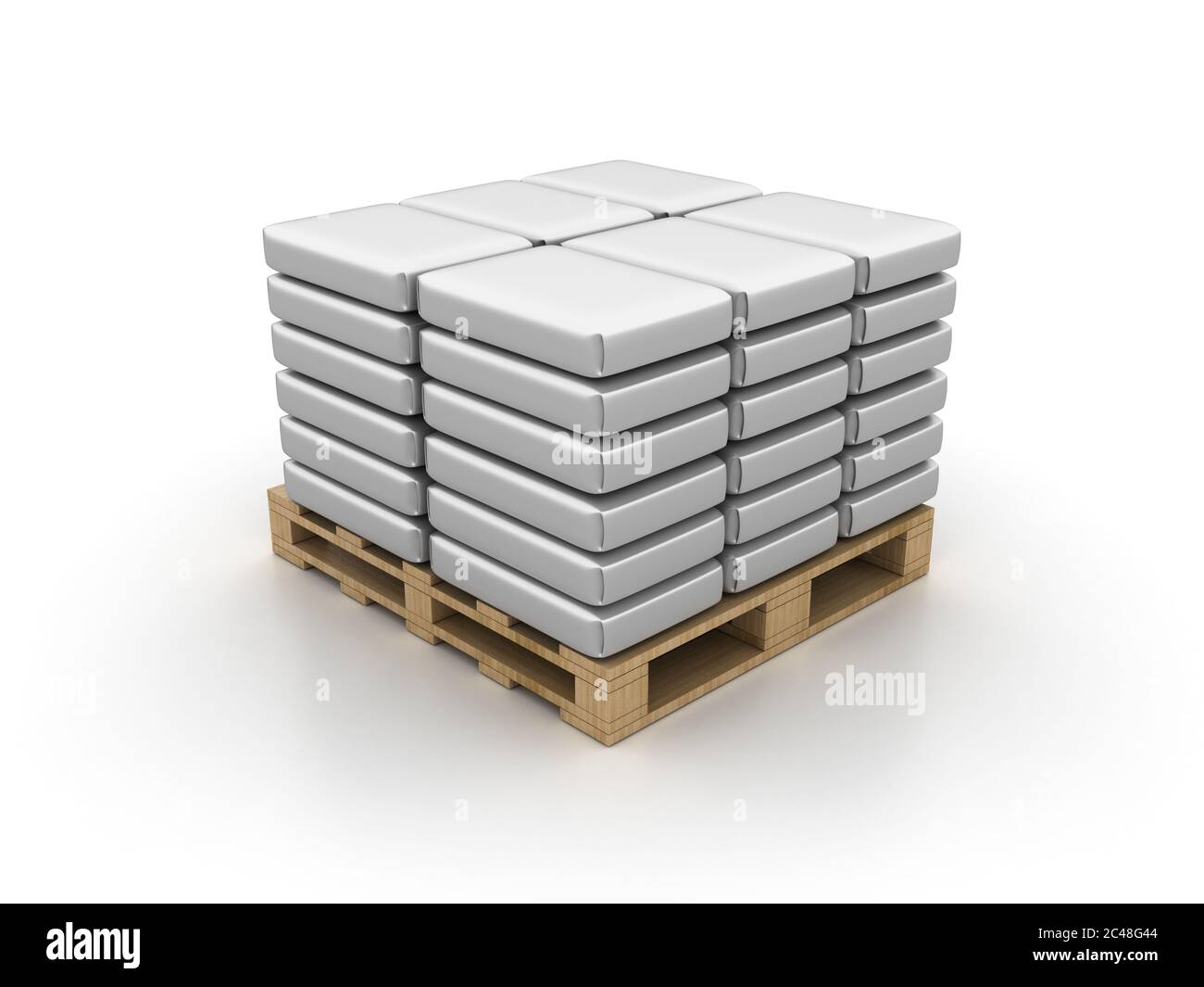 Illustration de rendu 3D de sacs de ciment sur une palette en bois isolé sur un fond blanc Photo