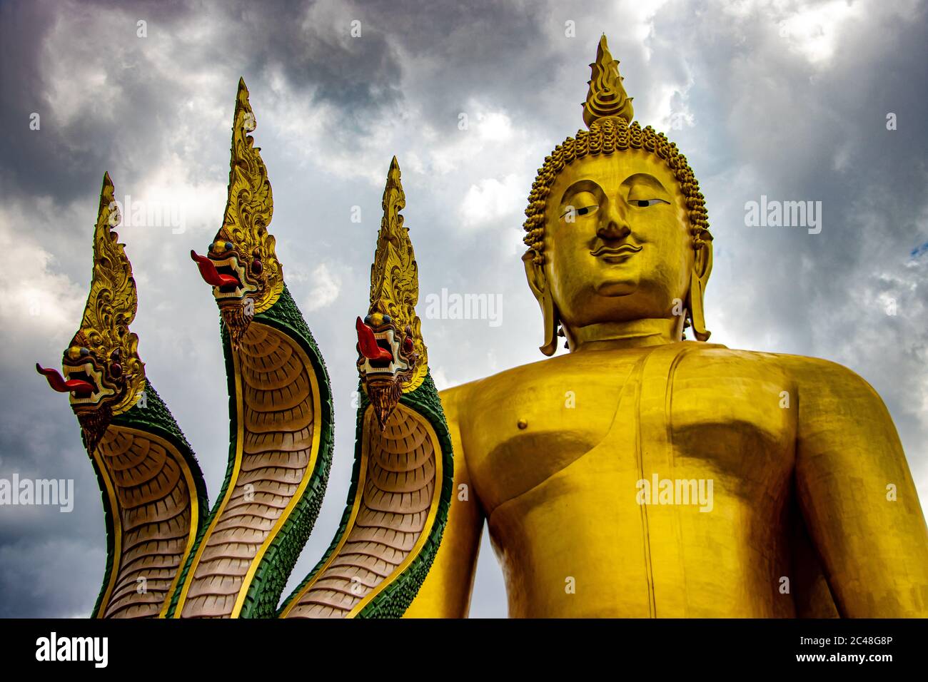 La Naga et large​ golden​ sitting​ Buddha​ statue​ at​ Wat​ Muang​ temple​ located​ Ang​ Thong et Ayutthaya.​ Banque D'Images