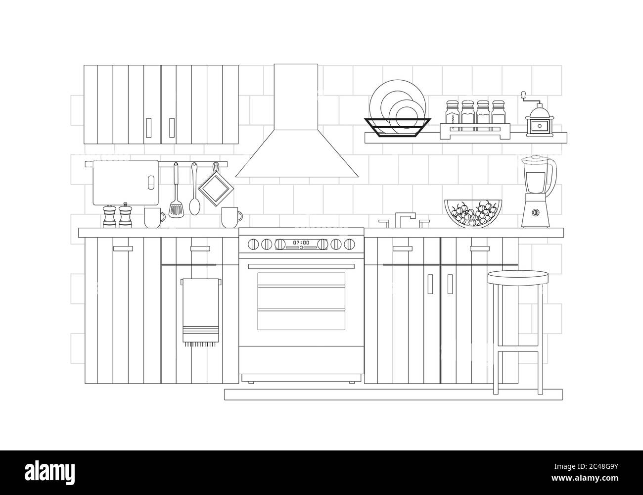 Intérieur de cuisine, illustration vectorielle dans le style art de ligne Illustration de Vecteur