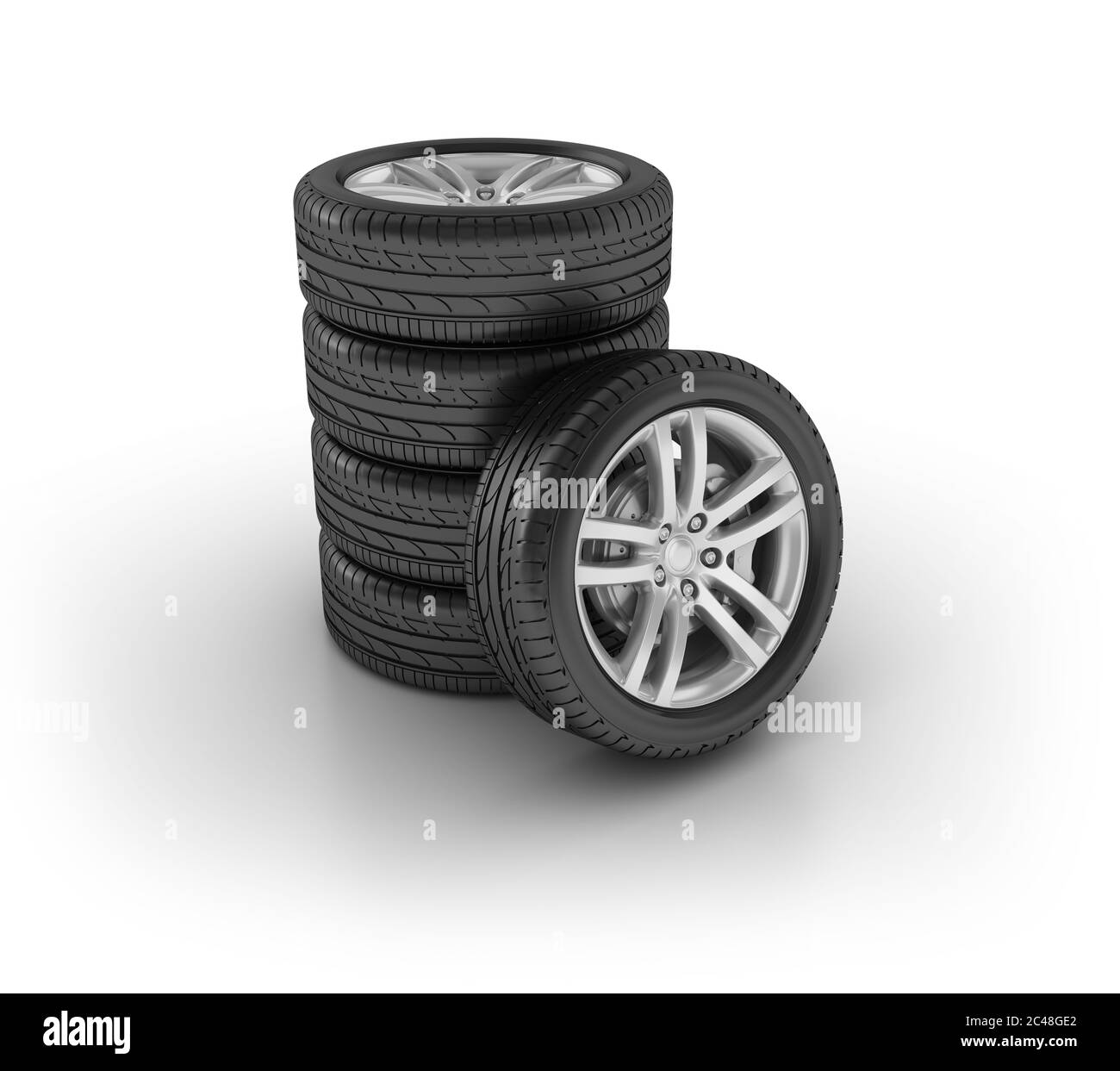 Roues de voiture avec pneu noir isolé sur fond blanc Banque D'Images