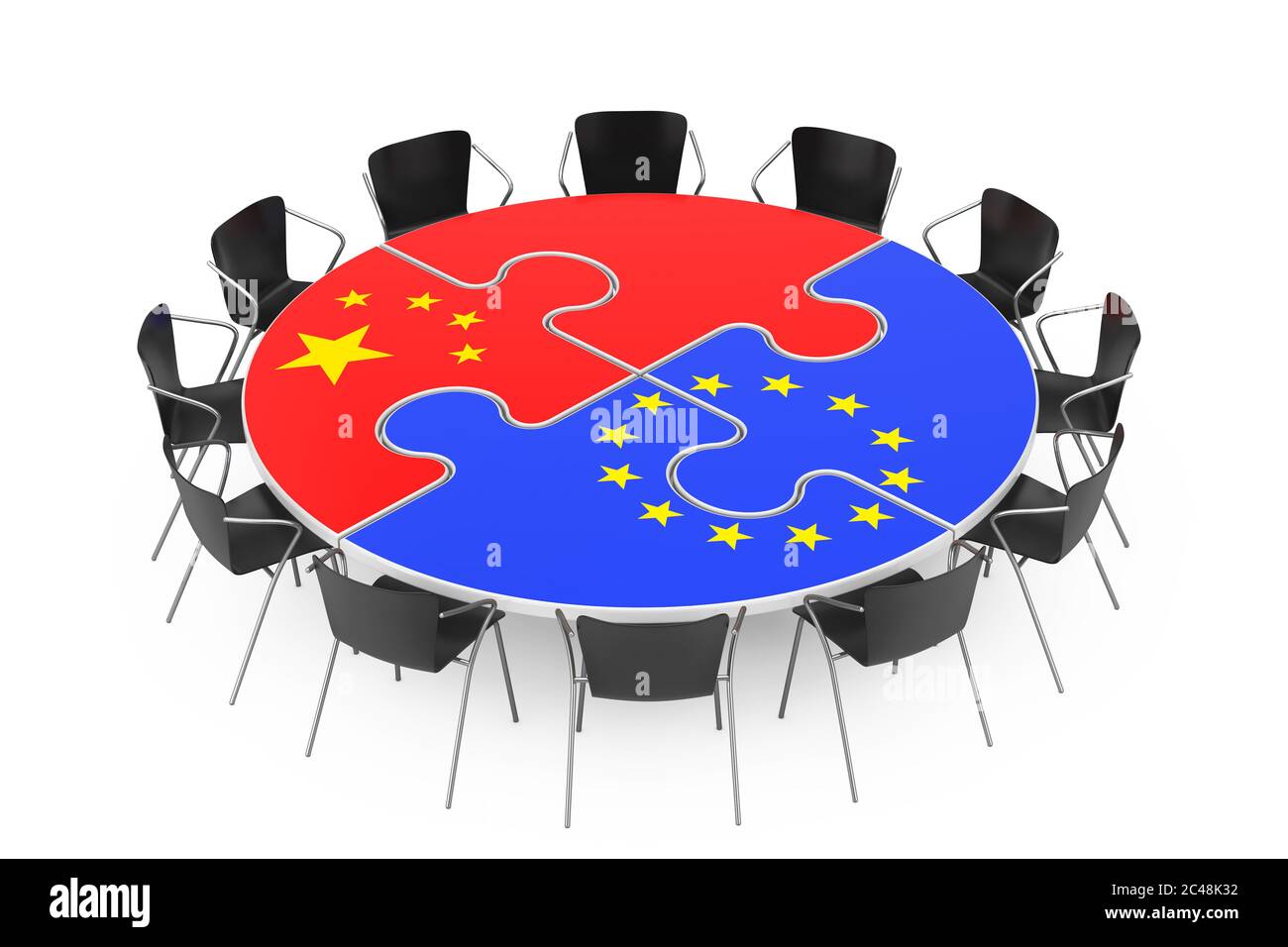 Chaises autour d'une table dans des puzzles forme et Union européenne et Chine sur un fond blanc. Rendu 3d Banque D'Images