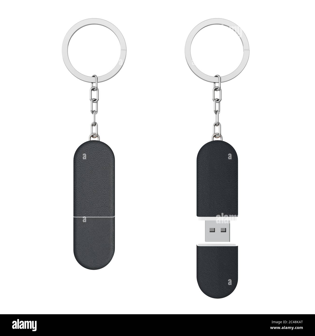 Porte-clés USB en cuir noir maquette de chaîne sur fond blanc. Rendu 3d Banque D'Images