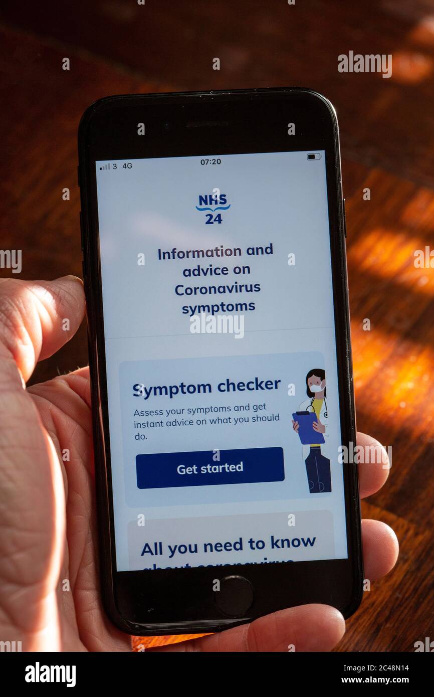 Une main tenant un téléphone portable noir montrant l'application NHS 24 Covid 19 Photo de Sam Mellish Banque D'Images