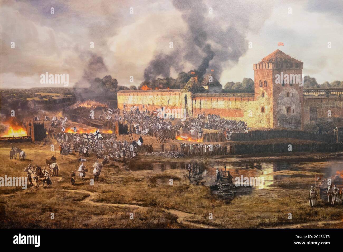 Détail d'une grande peinture hitoriale. Soutage du château par la Firey. Au château de Medininkai, Lituanie. Banque D'Images