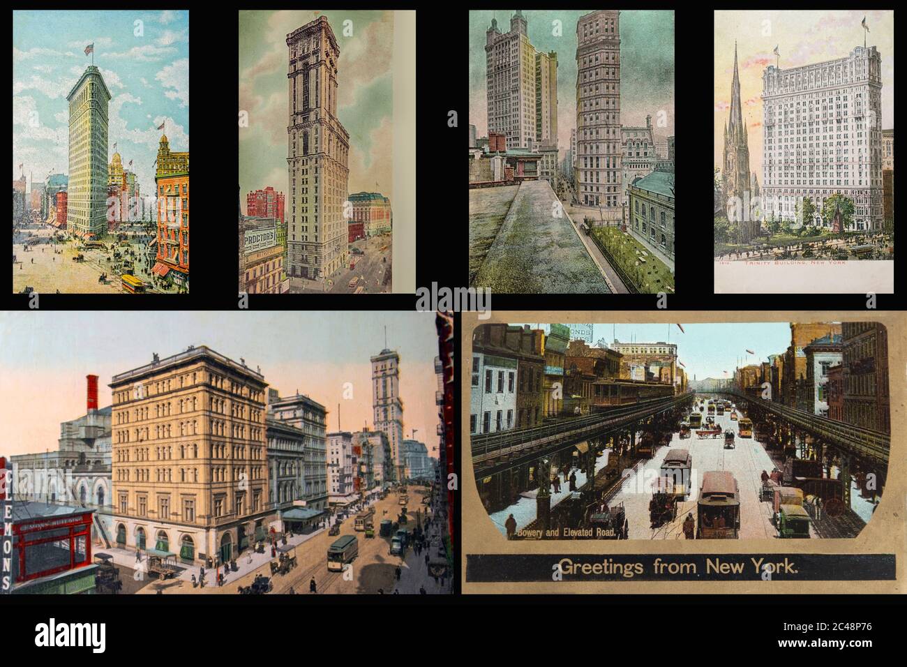 Diverses cartes postales anciennes du début des années 1900 de bâtiments et de rues à Manhattan, New York. Dans le sens horaire : bâtiment en fer plat, bâtiment Times, St P. Banque D'Images