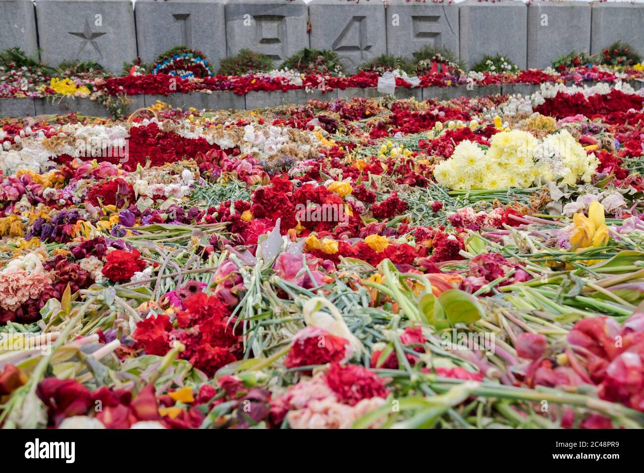 Fleurs déposées devant le monument du jour de la victoire, le 9 mai. Au Grand Mémorial de la guerre patriotique à Riga, en Lettonie. Banque D'Images