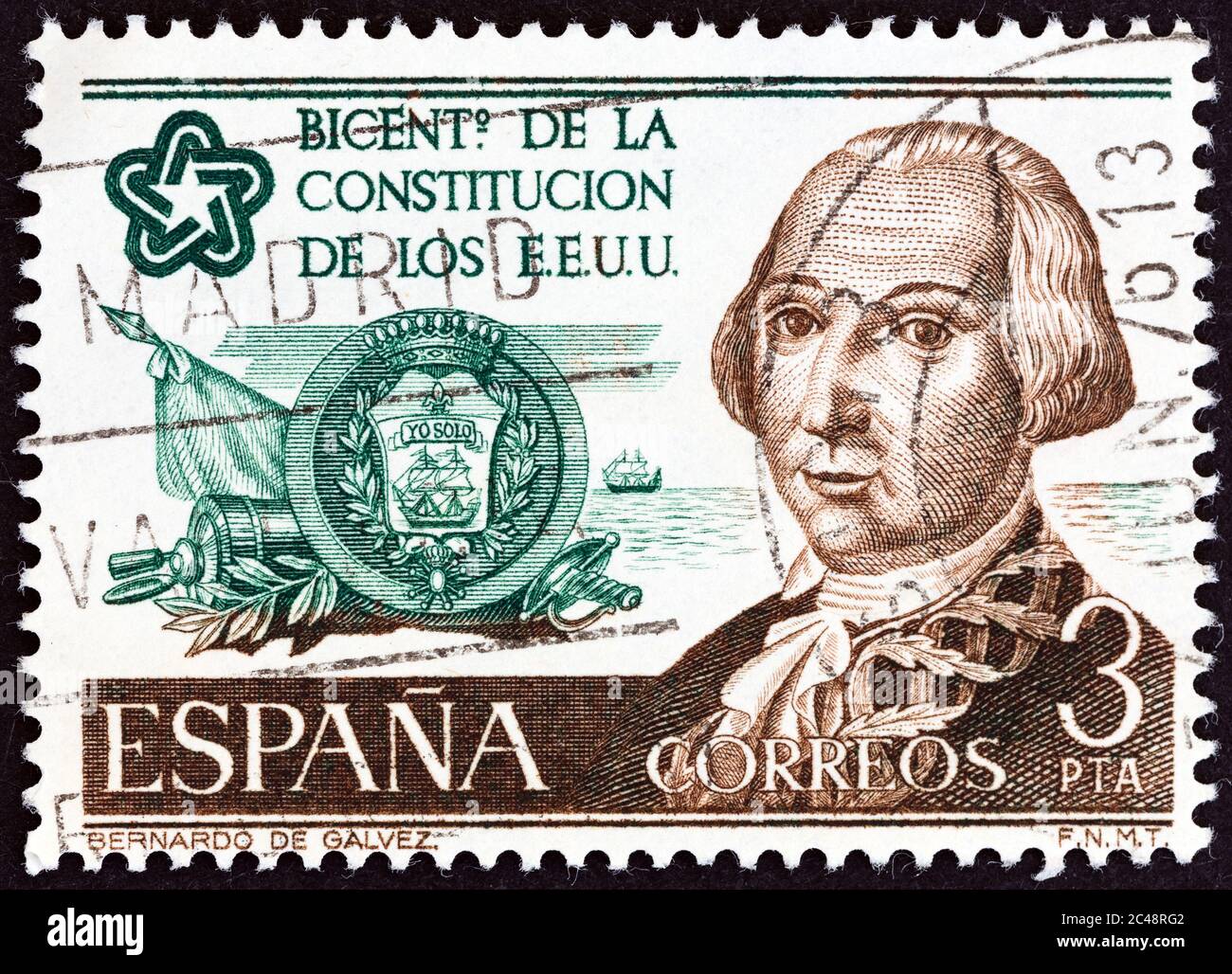 ESPAGNE - VERS 1976: Un timbre imprimé en Espagne montre Bernado de Galvez et emblème, vers 1976. Banque D'Images