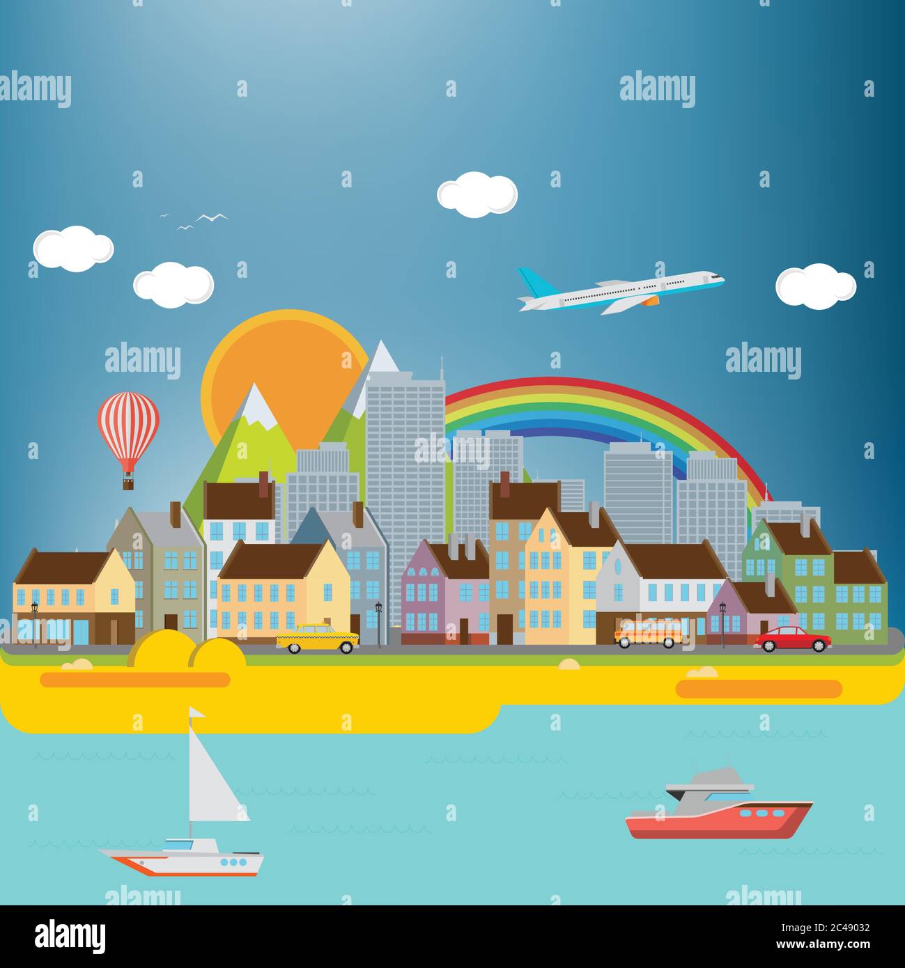 Fond de ville avec mer Illustration de Vecteur