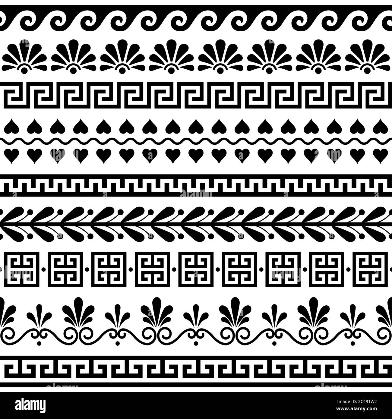 Ensemble de motifs vectoriels grecs sans couture - décoration ancienne à motifs floraux et géométriques, motif clé en noir et blanc Illustration de Vecteur