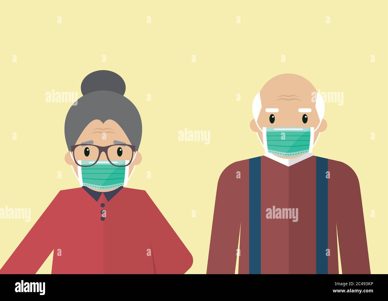 Homme et femme âgés portant des masques médicaux. Les personnes portant un masque médical de protection pour prévenir le virus Covid-19. Illustration vectorielle. Illustration de Vecteur