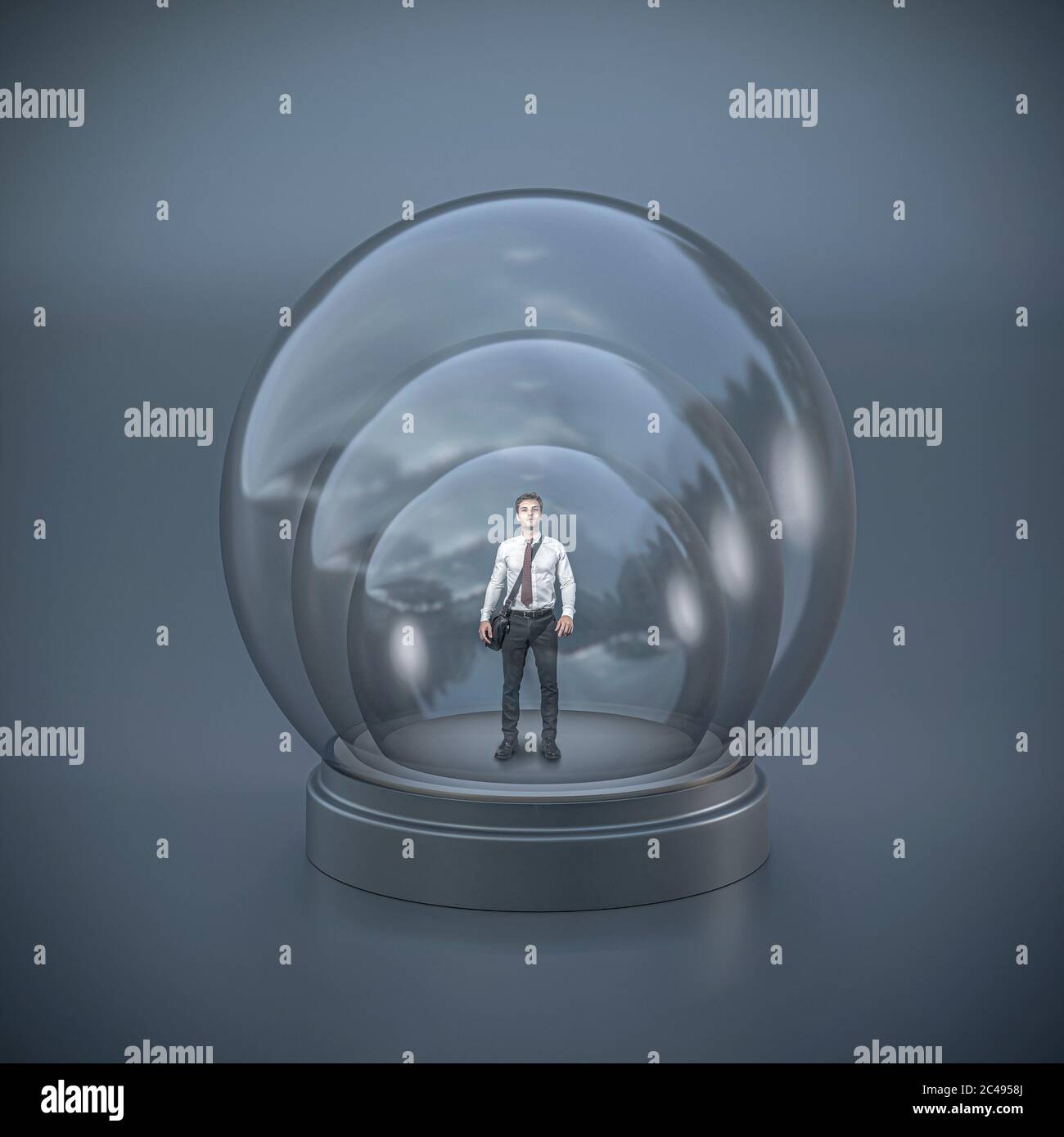 homme d'affaires dans une triple bulle de verre. concept de protection et de limitation, emprisonnement. image abstraite conceptuelle. Banque D'Images