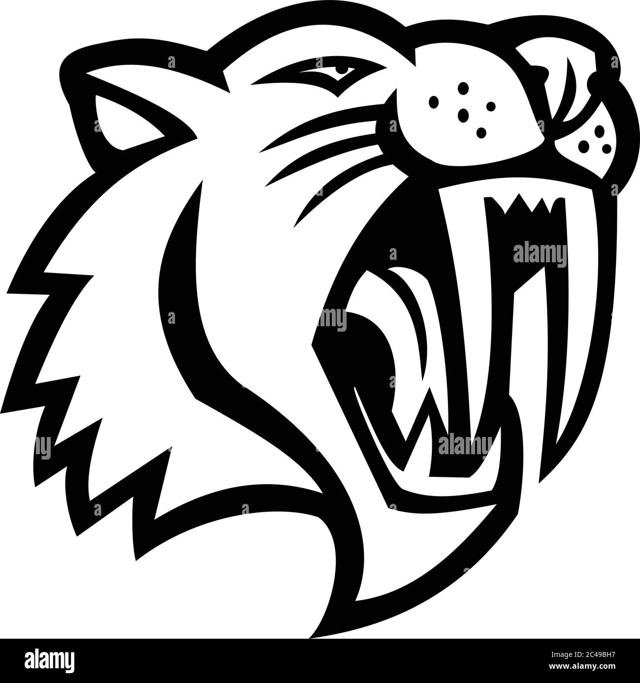 Mascotte noire et blanche, illustration de la tête d'un chat à dents de sabre ou Smilodon en colère, vue de côté sur un arrière-plan isolé dans un style rétro. Illustration de Vecteur