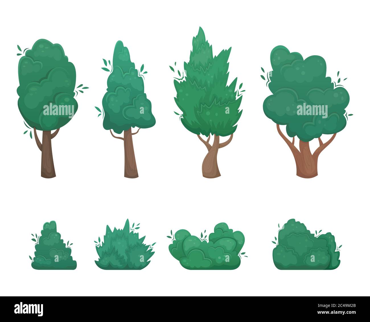 Ensemble de 8 arbres vectoriels plats et buisson de style dessin animé. Un ensemble pour créer votre propre conception. Illustration de Vecteur