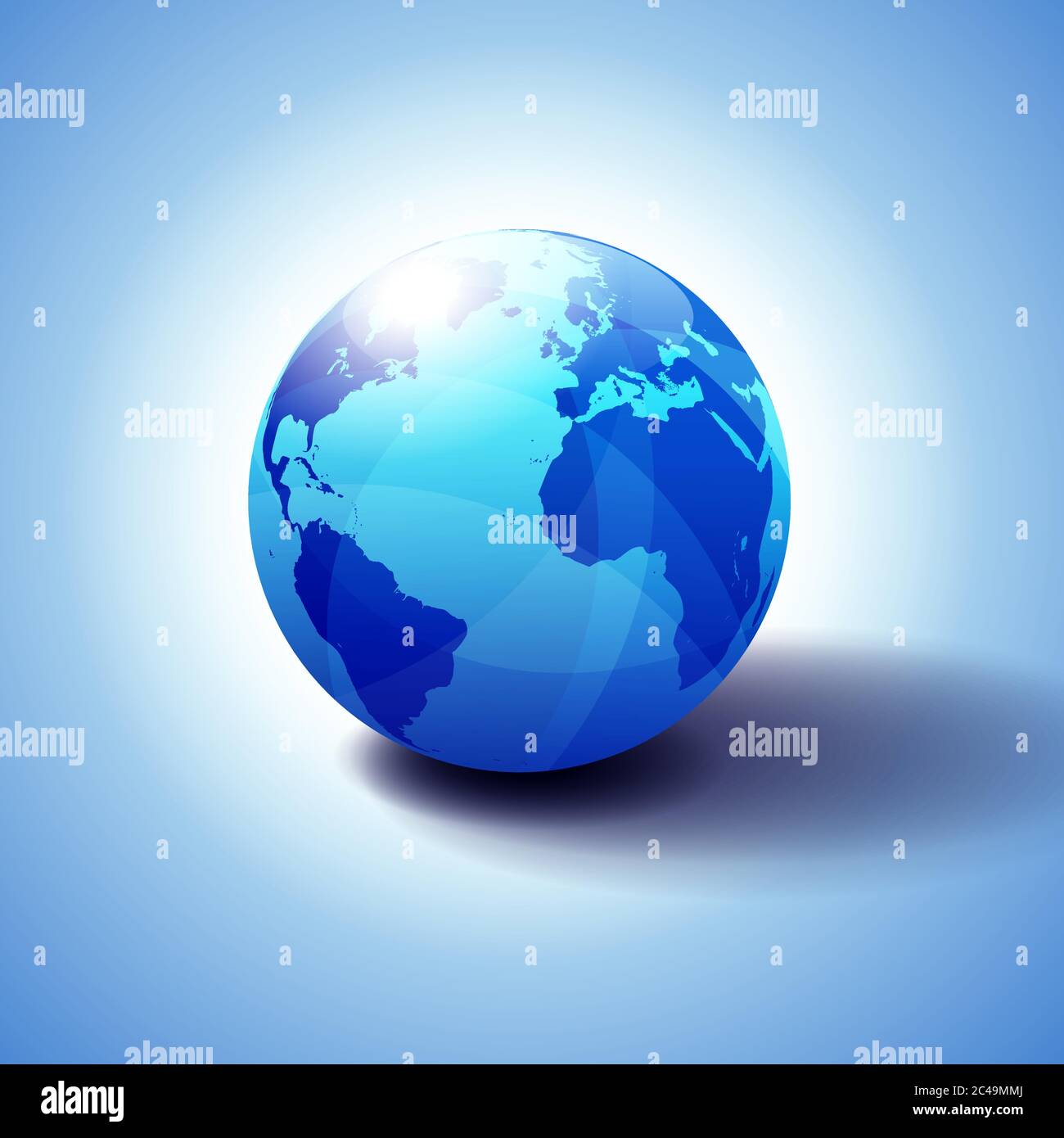 Europe, Amérique du Nord et du Sud, monde mondial de l'Afrique, Globe Icon 3D illustration, brillant, sphère brillante avec Global Map en bleu subtil donnant une transp Illustration de Vecteur
