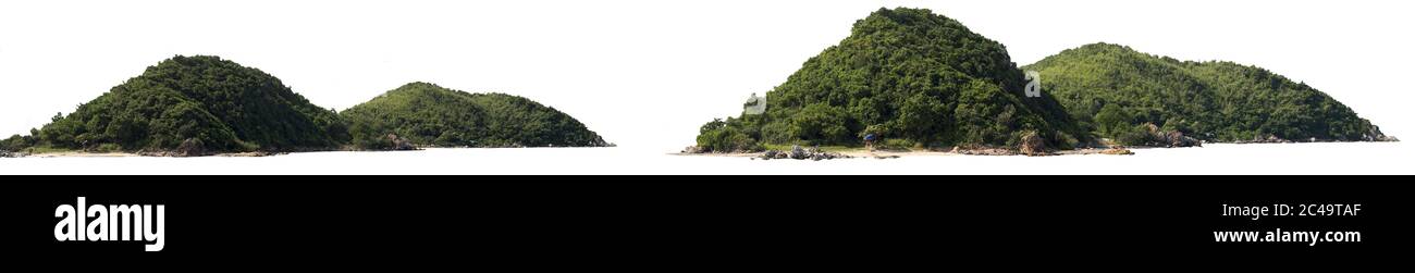 Panorama île, colline, montagne isolée sur un fond blanc, avec un chemin de coupure. Pic de montagne. Banque D'Images