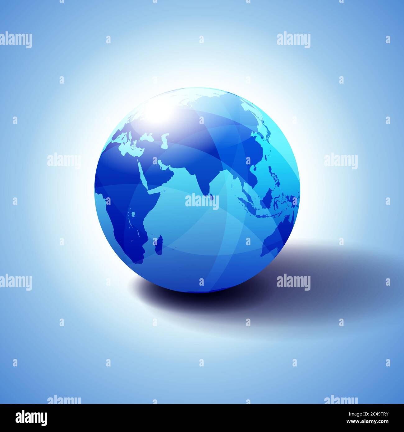 Inde, Afrique, Chine, Océan Indien, monde entier, Globe Icon illustration 3D, brillant, sphère brillante avec Global Map en bleu subtil donnant une transparence Illustration de Vecteur
