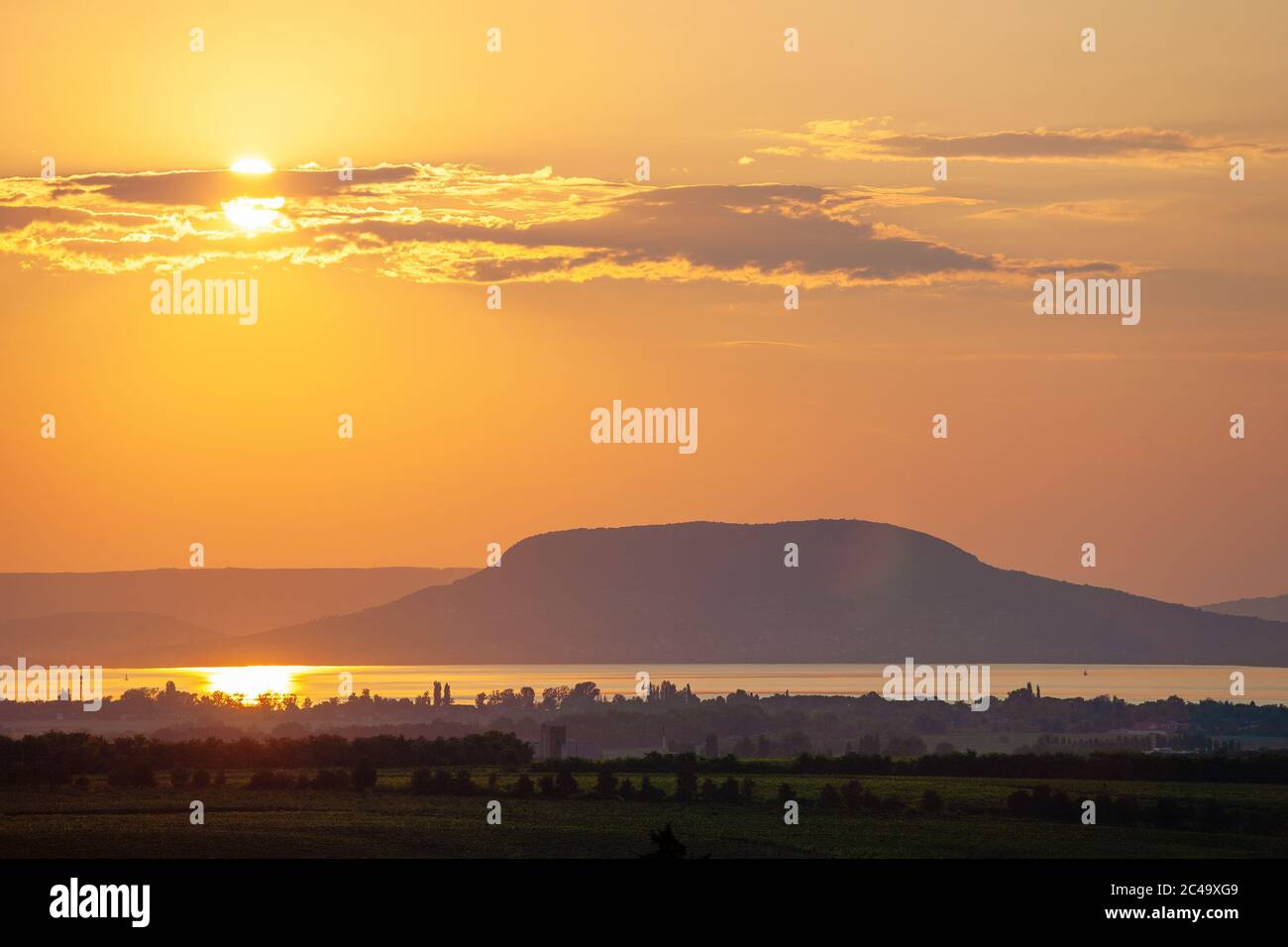 Coucher de soleil sur le lac Balaton et la montagne Badacsony avec forêts de foggy et vignobles en premier plan Banque D'Images
