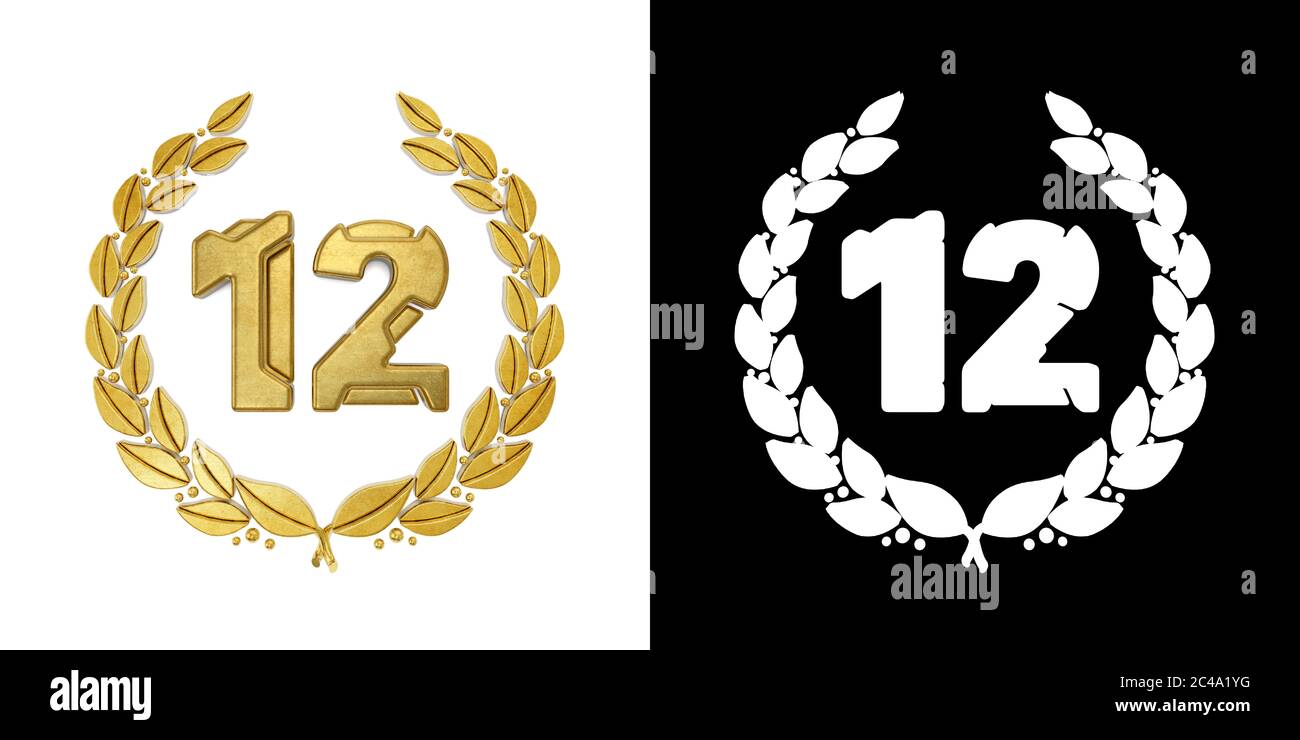 Numéro doré 12 (numéro douze) avec branche de Laurier avec canal alpha. Illustration 3D Banque D'Images