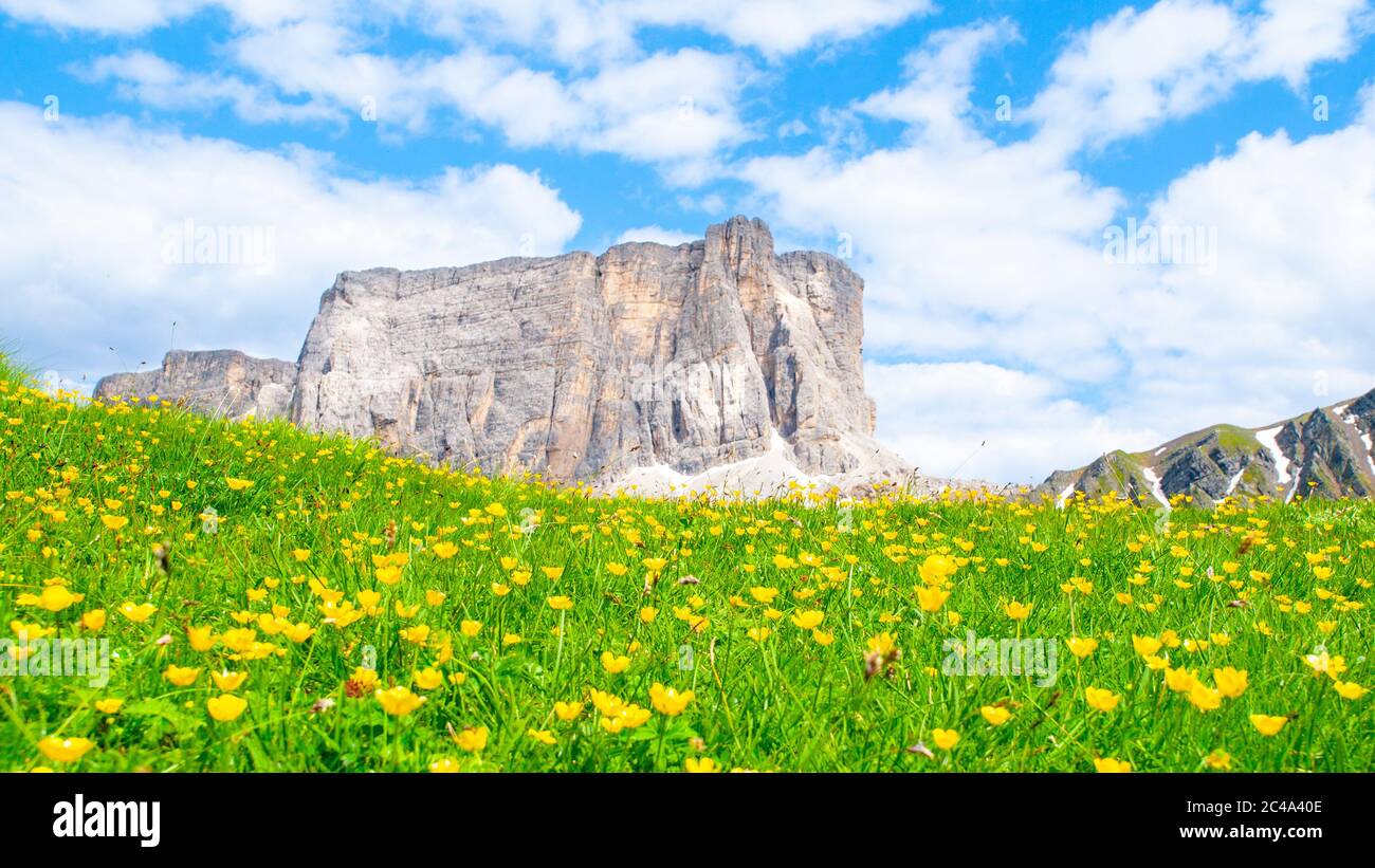 Lastoni de Formin, alias Ponta Lastoi de Formin. Bloc de montagne géant avec prairie en fleurs et ciel d'été, Dolomites, Italie. Banque D'Images