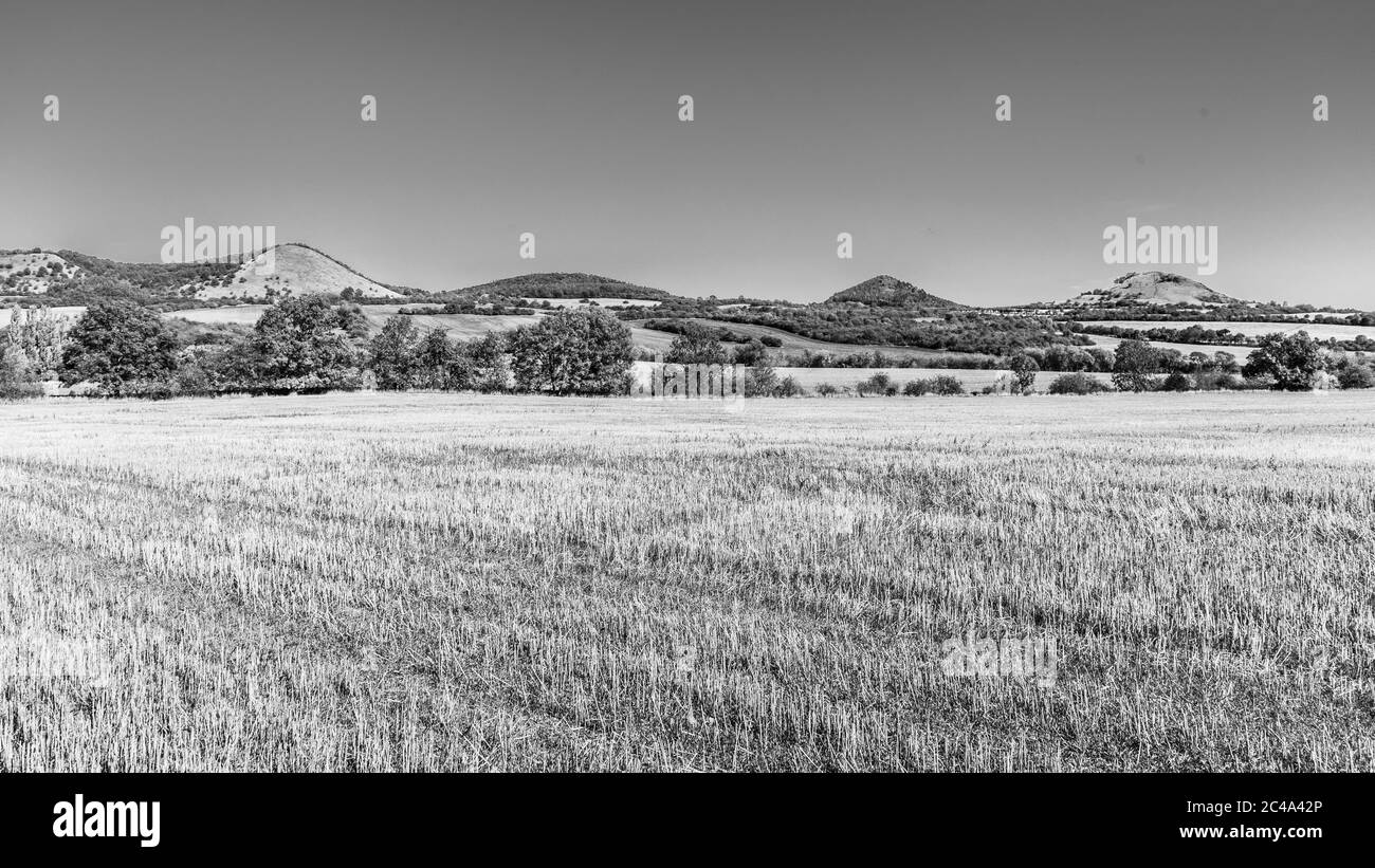 Paysage de Ceske Stredohori, alias Hautes-terres de Bohème centrale, avec des collines typiques d'origine volcanique, République tchèque. Image en noir et blanc. Banque D'Images