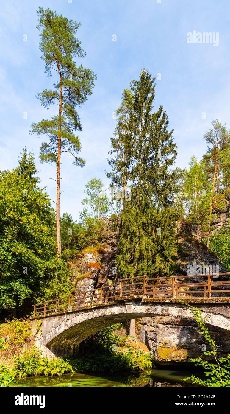 Pont sur le fleuve Kamenice dans le parc national de la Suisse de Bohême, République tchèque. Banque D'Images