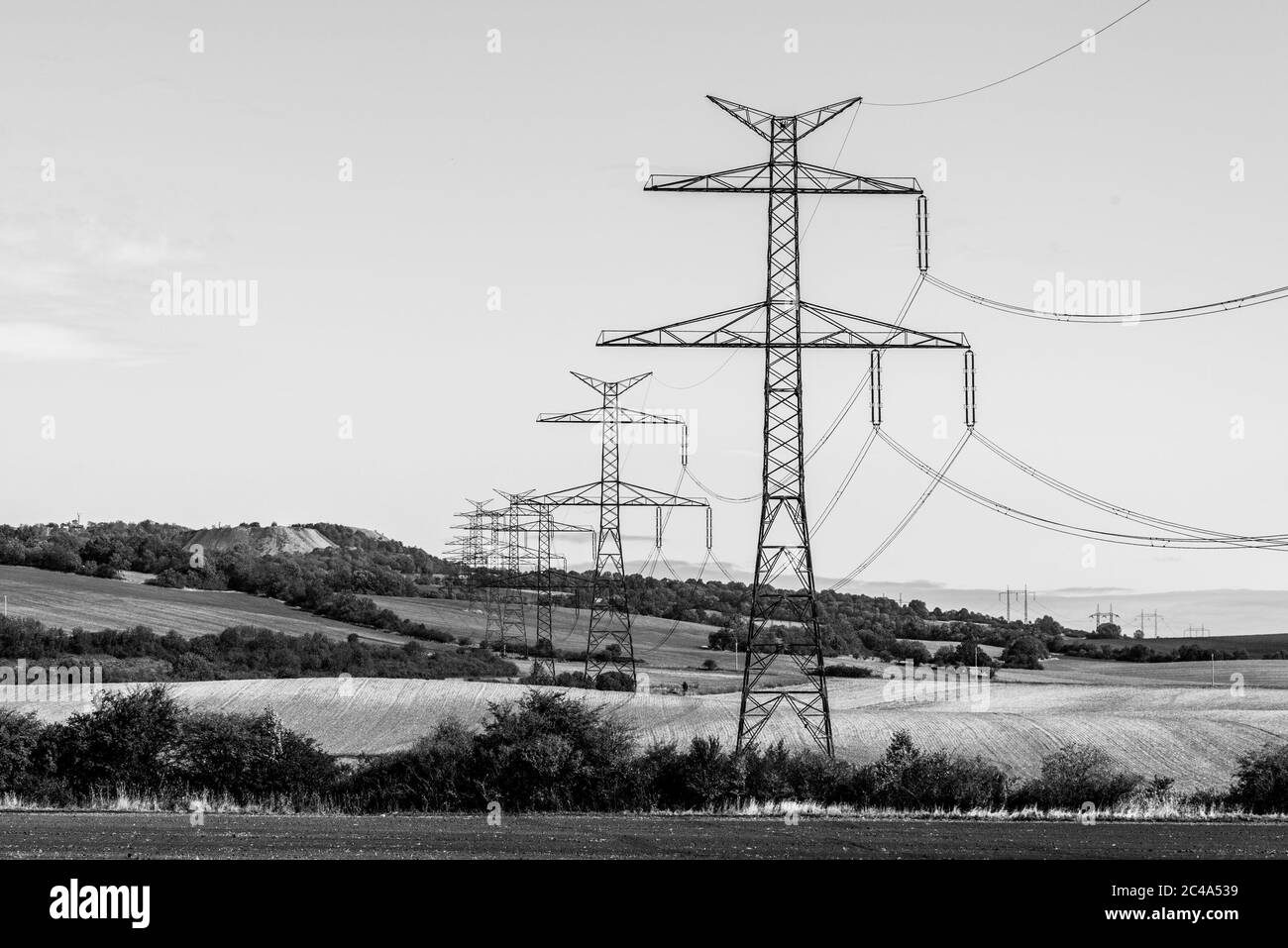 Ligne de tours de transmission, ou pylônes d'électricité, dans le paysage rural. Image en noir et blanc. Banque D'Images