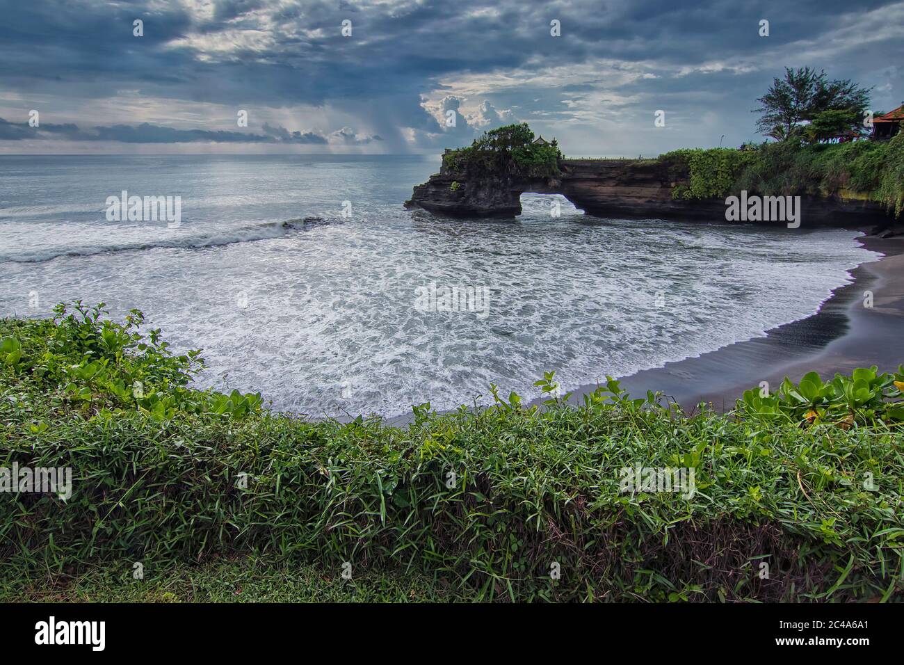 Vue sur la nature des plantes verdoyantes en premier plan et la plage avec des vagues massives en arrière-plan Banque D'Images