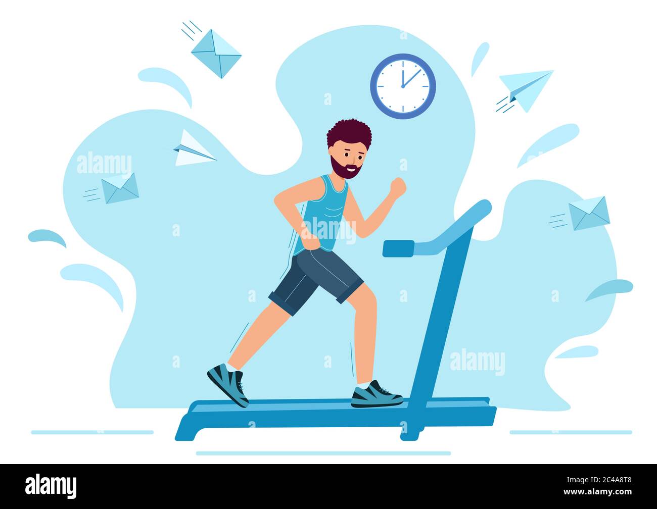 Homme qui court sur un tapis roulant motorisé. Sportive Man fait du jogging sur fond blanc. Le sport est à votre service. Illustration vectorielle de style moderne. Illustration de Vecteur