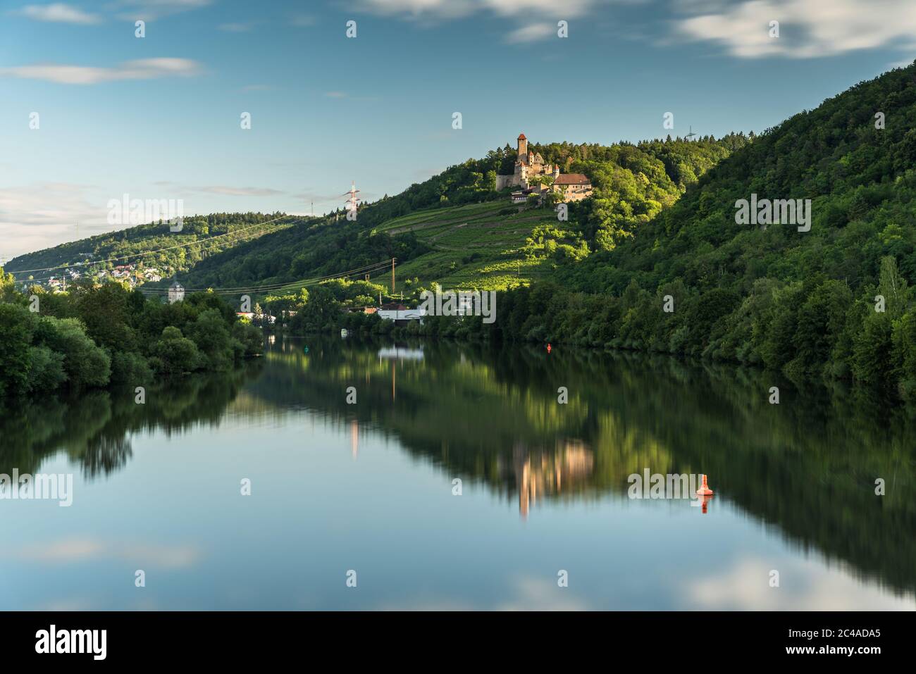 Vue sur le Neckar au château de Hornberg, Neckarzimmern, Bade-Wurtemberg, Allemagne. Réflexion de l'eau Banque D'Images