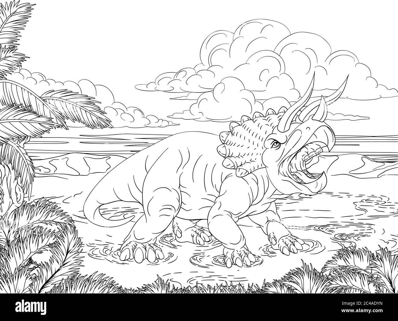 Page de livre de coloriage de scène de dinosaures tricératops Illustration de Vecteur