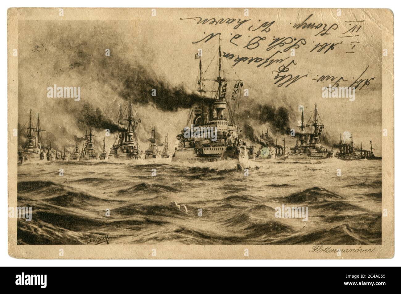 Carte postale historique allemande : manœuvres de la Marine impériale allemande, une armada de navires de guerre dans la campagne. Inscription manuscrite. Empire allemand. Banque D'Images