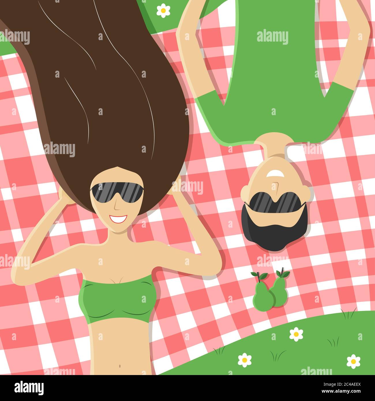 Jeune couple allongé sur une couverture de pique-nique à carreaux écossais dans le parc. Homme et femme brune avec de longs cheveux portant des lunettes de soleil. Illustration carrée vectorielle d'été lumineuse Illustration de Vecteur
