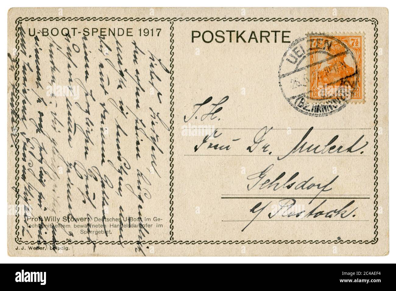 Le verso d'une carte postale historique allemande: Texte manuscrit à l'encre, 7 et demi pfenings Valkyrie timbre-poste avec annulation, 1917 Banque D'Images