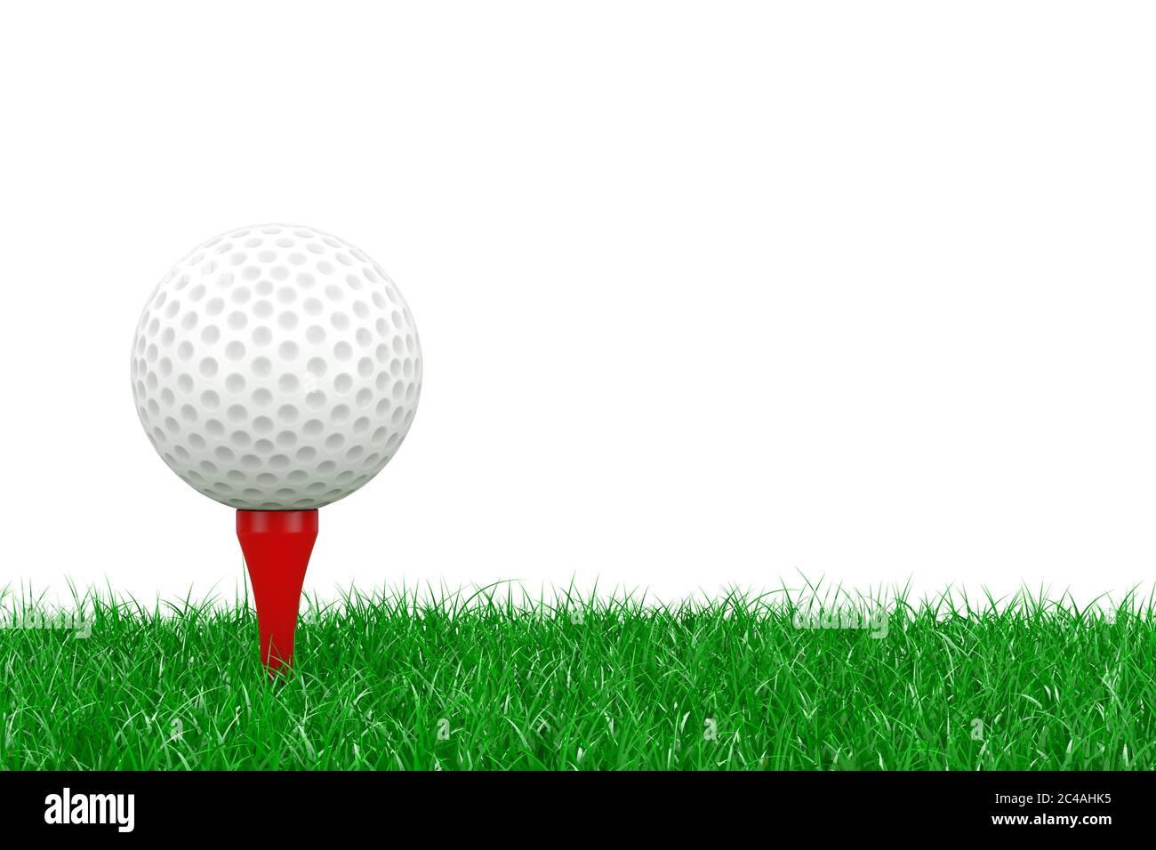 Un ballon de golf blanc sur un T-shirt rouge en herbe verte sur fond blanc rendu 3d Banque D'Images