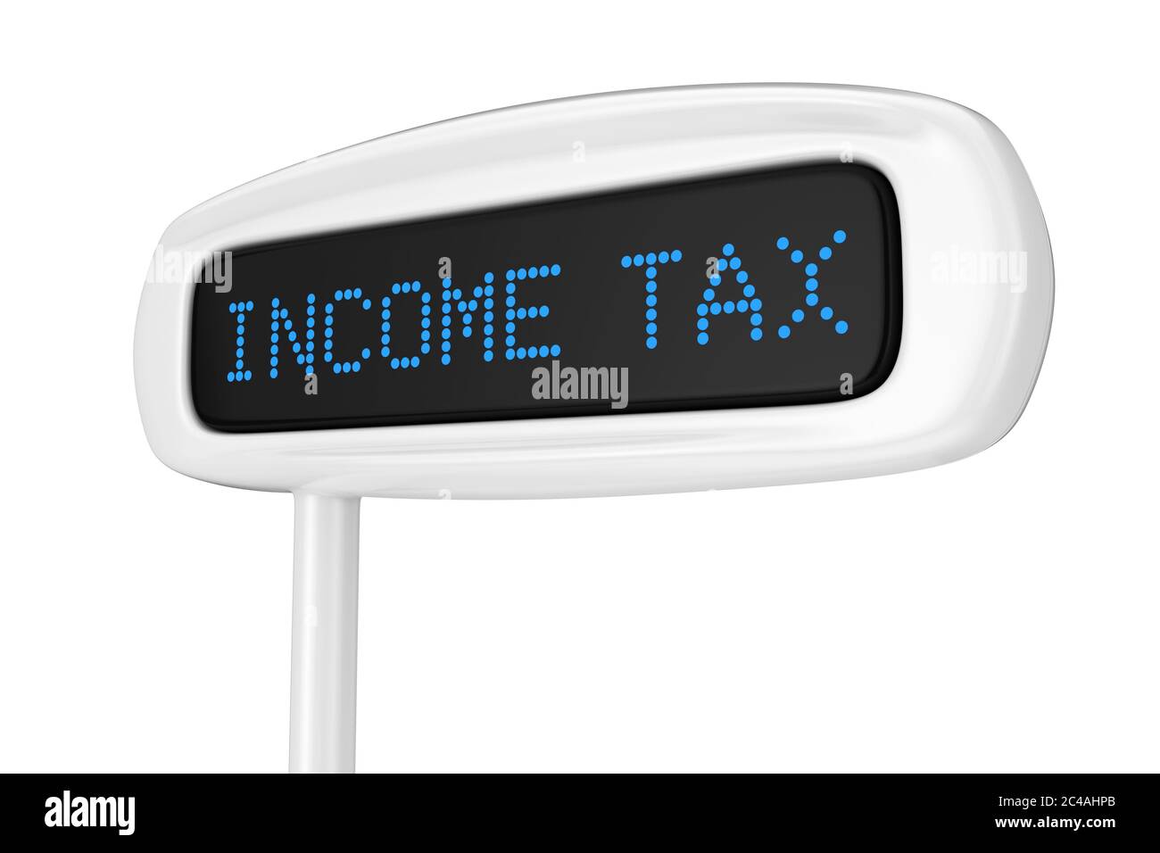 Résumé Affichage du registre d'espèces Affichage du signe bleu de l'impôt sur le revenu sur un fond blanc rendu 3d Banque D'Images