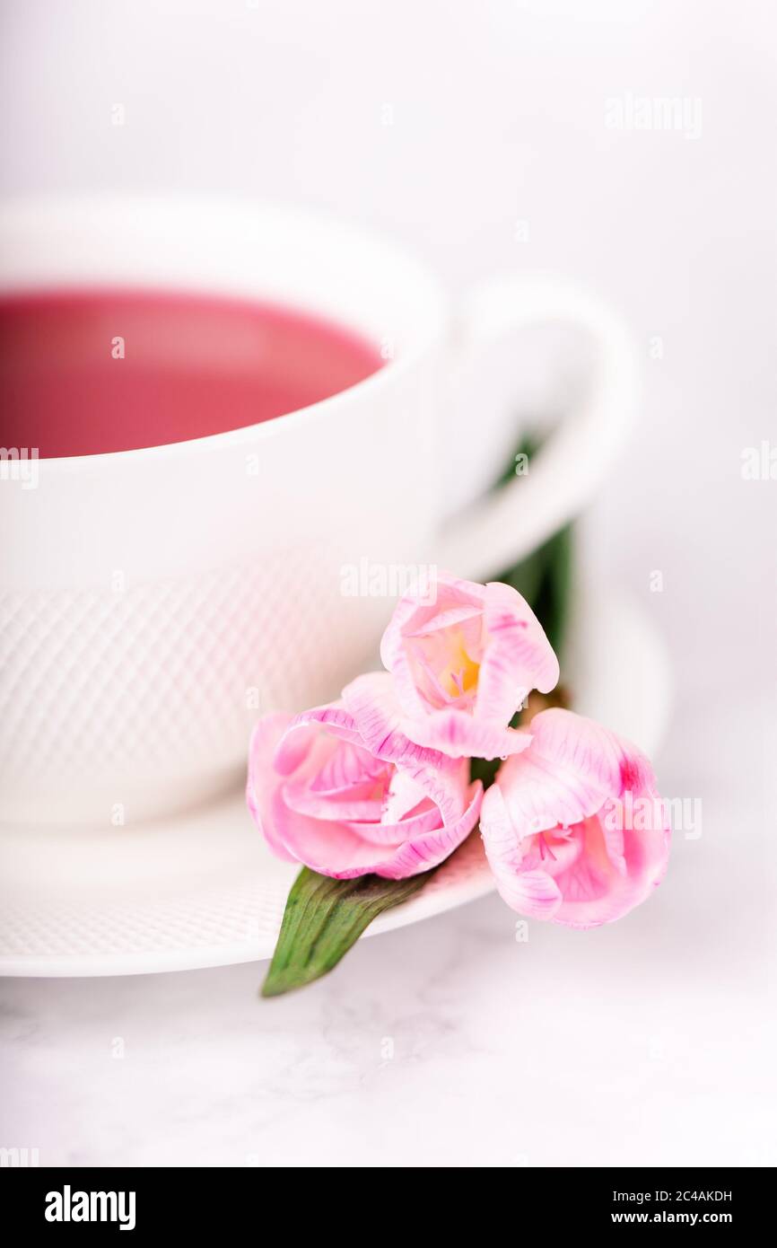 Thé à la framboise et fleurs de freesia roses sur fond blanc Banque D'Images