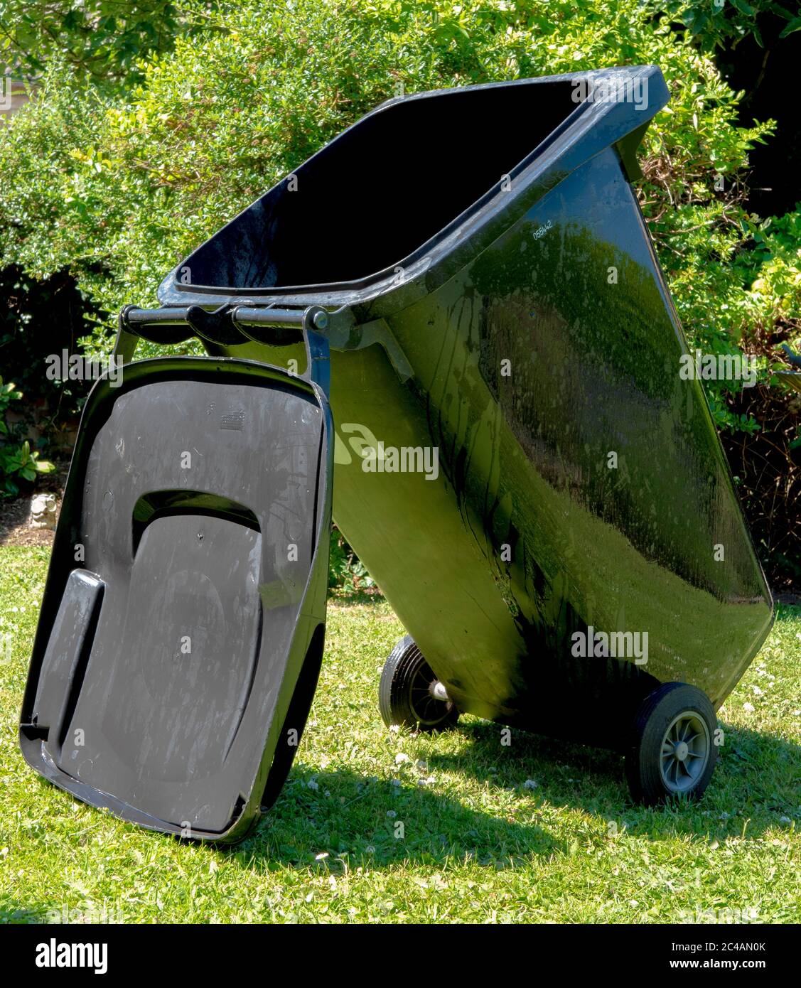 Une poubelle à roulettes noire, utilisée pour les déchets alimentaires  domestiques / résidentiels / ménagers non recyclables, juste lavé et  séchant au soleil dans un jardin Photo Stock - Alamy