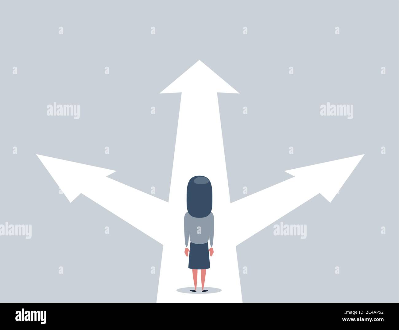 La décision d'entreprise concept vector illustration. Businesswoman standing sur la croisée avec trois flèches et directions. Illustration de Vecteur