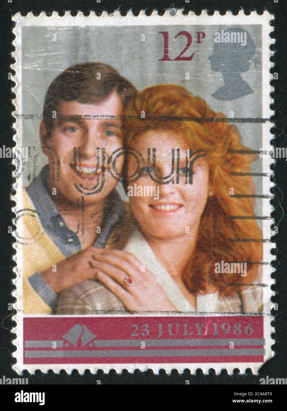 GRANDE-BRETAGNE - VERS 1986: Timbre imprimé par la Grande-Bretagne, montre mariage du prince Andrew et Sarah Ferguson, vers 1986 Banque D'Images