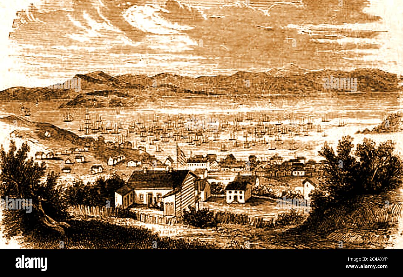 La ruée vers l'or californien - San Francisco USA en 1849, en haut de Clay Street.le 24 janvier 1848, James Wilson Marshall, un charpentier originaire du New Jersey, a trouvé des flocons d'or dans la rivière américaine à la base des montagnes de la Sierra Nevada près de Coloma, Californie. À l'époque, la scierie alimentée en eau de Sutter utilisait des autochtones indiens réduits en esclavage. D'autres, comme Henry Bigler et Azaria Smith, ainsi que d'autres ouvriers d'usine, étaient des vétérans du bataillon militaire bénévole Mormon. Banque D'Images
