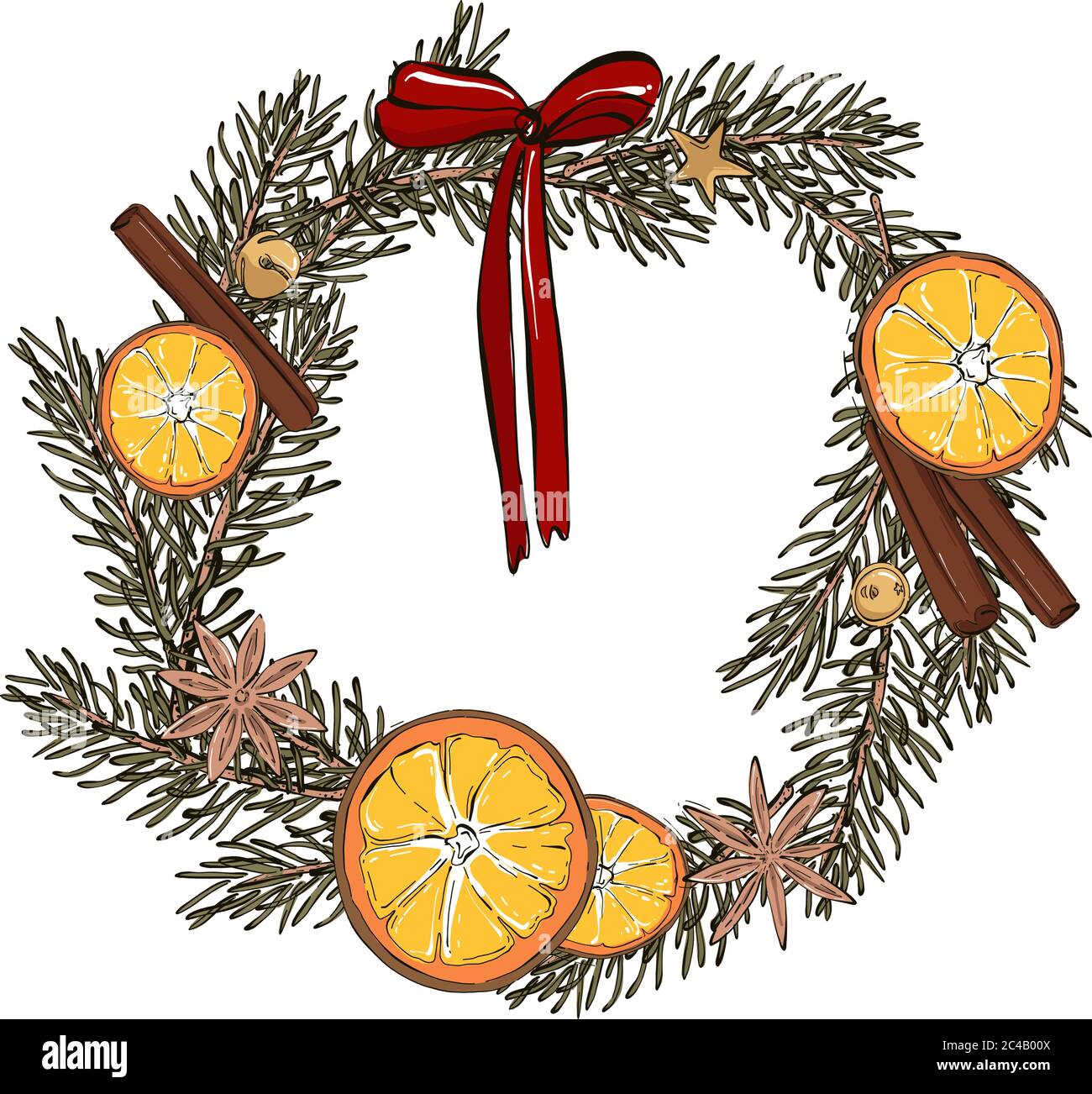 Décoration de porte moderne couronne avec fruits secs, cannelle, anis étoilé, noeud rouge dessin à la main. Saint-Sylvestre, carte de vœux Noël hiver, mini Illustration de Vecteur