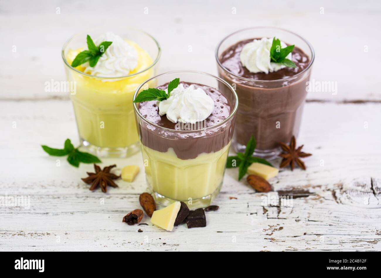 Pudding au chocolat et à la vanille et à la crème fouettée Banque D'Images