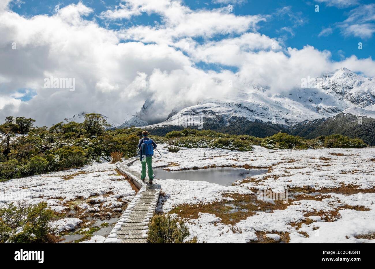 Randonnée sur la route naturelle, Key Summit, Snowy Mountain View, Routeburn Track, parc national Fiordland, te Anau, Southland, Île du Sud, Nouvelle-Zélande Banque D'Images