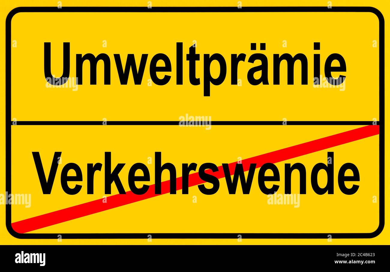 Photomontage, image symbolique, signe de nom de lieu, bonus environnemental, point tournant de la circulation, Allemagne Banque D'Images
