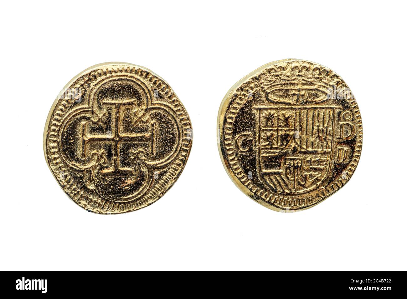Gold Escudos pièce de réplique de Philip II (Felipe II) de l'Espagne couronné Bouclier d'Obverse Croix en quatrefoil coupé et isolé sur un backgro blanc Banque D'Images